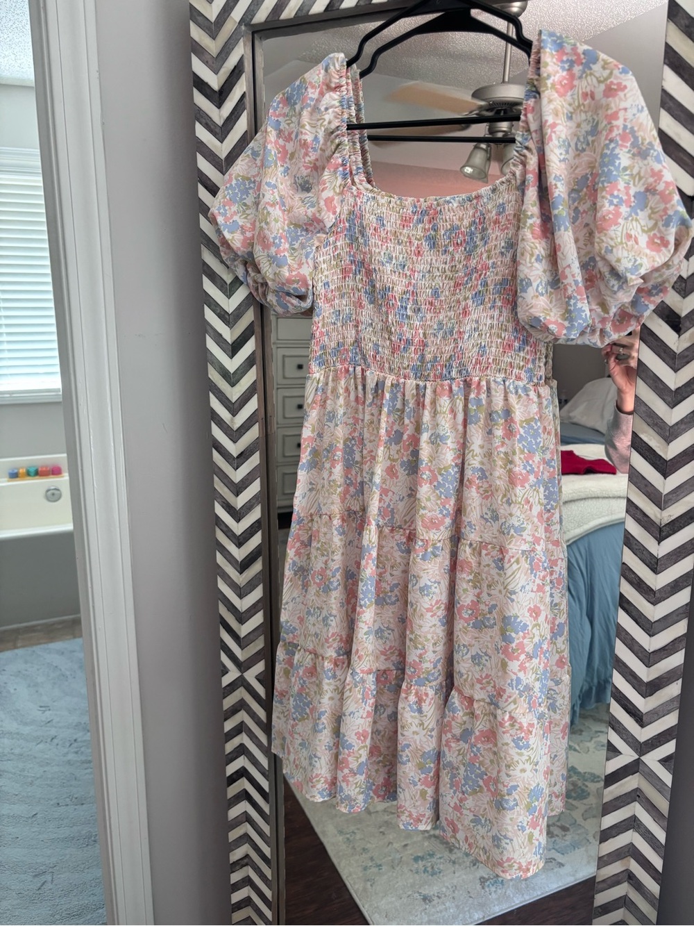 Girls Floral Smocked Puff-Sleeve Dress in Pastel Pink and Blue